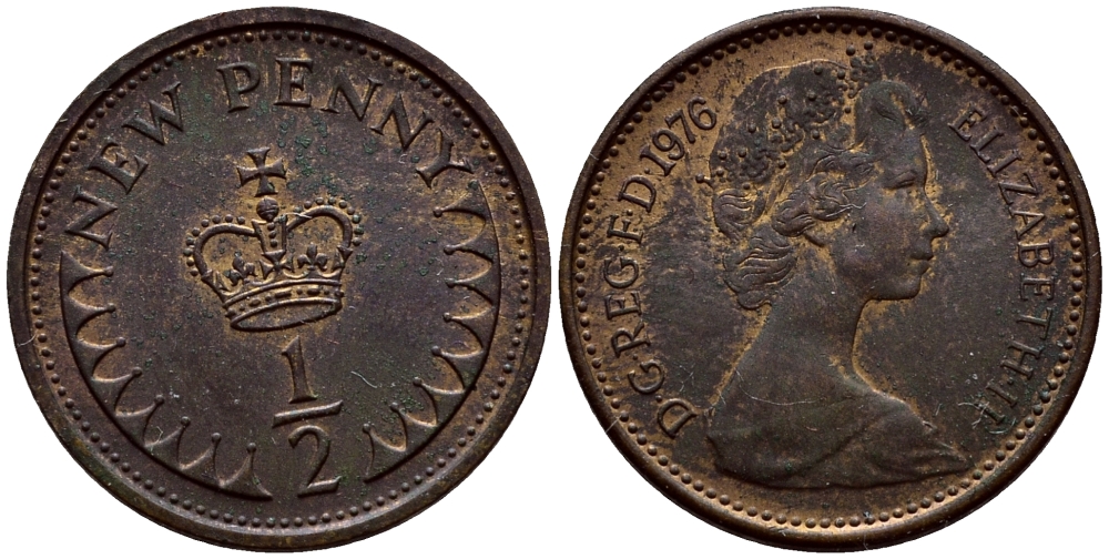 Великобритания 1/2 пенни 1976 Елизавета II (1952-2022) KM 914, Spink 4239 бронза 3458-225