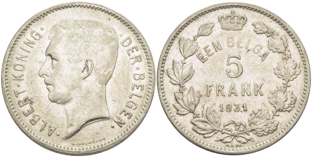 БЕЛЬГИЯ 5 ФРАНКОВ 1931 АЛЬБЕРТ I, DER BELGEN KM 98 никель 3851-345