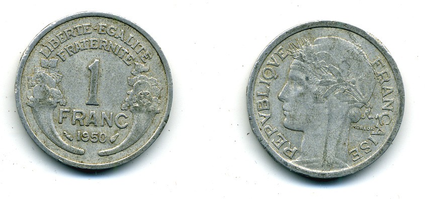 ФРАНЦИЯ 1 ФРАНК 1950 KM 885а.1 алюминий 84-516