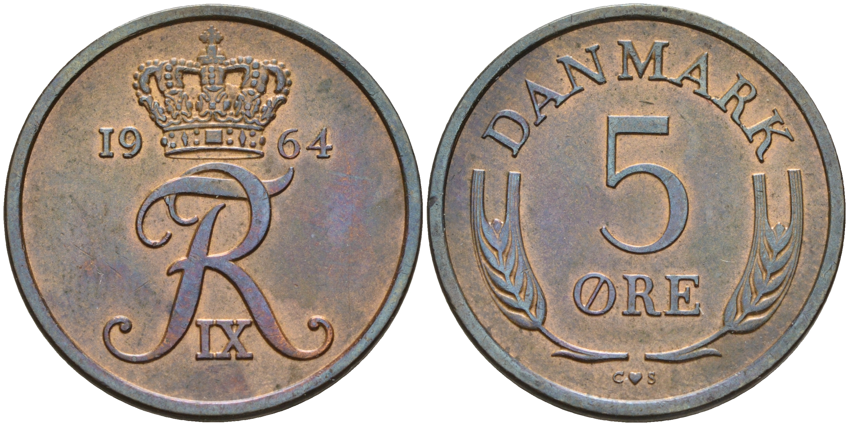 Дания 5 эре 1964 C.S, Фредерик IX (1947-1972) KM 848.1 бронза    4143-323