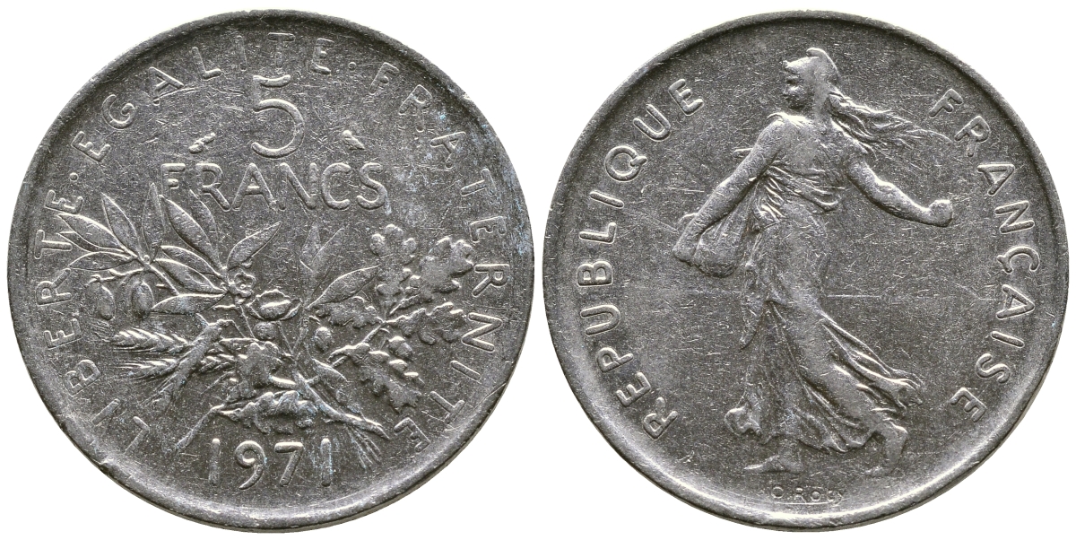 Франция 5 франков 1971 сеятель KM 926a.1, Le Franc 341.3 медно-никель плакированный никелем 51-4633