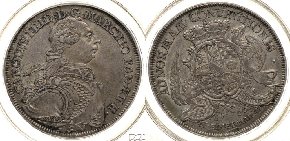 Баден 1 талер 1766 W, Карл Фридрих (1738-1836), в слабе PCGS AU 55 Wielandt 710, Dav 1933 серебро UNC 00-00