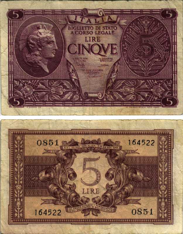 Италия 5 лир 1944 23 ноября 1944 Афина в шлеме, signatures: BoLaffi / CavalLaro / Giovinco Pick 31c, Grapanzano BS 31 8518-41-1-1