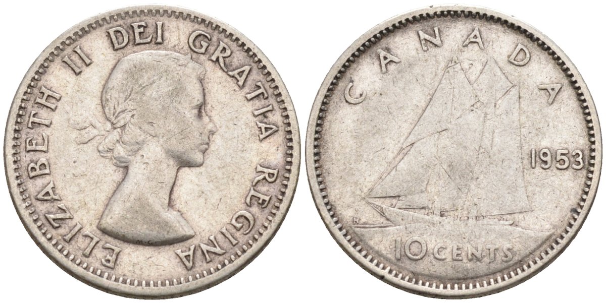 Канада 10 центов 1953 Елизавета II (1952-), парусник KM 51 серебро 4585-721