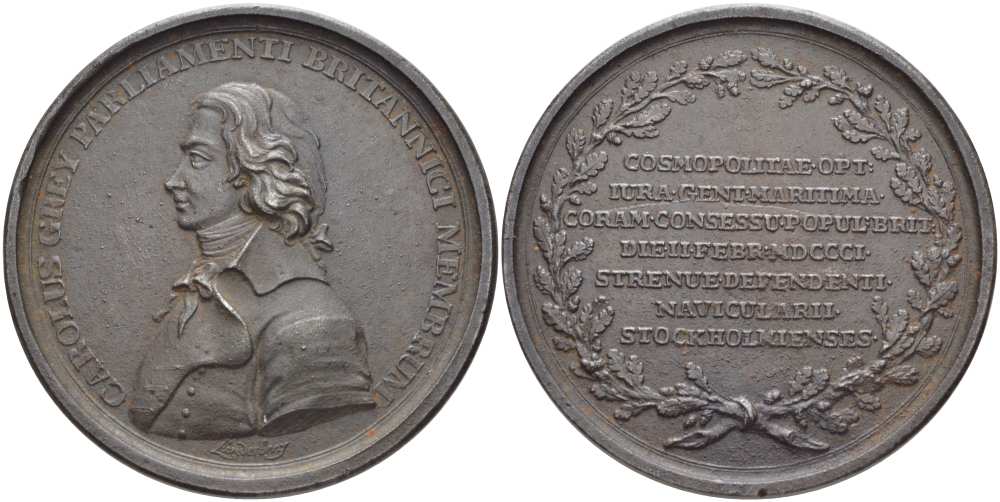 ШВЕЦИЯ МЕДАЛЬ 1801 НА СМЕРТЬ ЧАРЛЬЗА ГРЕЯ, ЧЛЕНА БРИТАНСКОГО ПАРЛАМЕНТА, КОСМОПОЛЬТА, СУДОВЛАДЕЛЬЦА, МЕДАЛЬЕР LUNDERBERY, ДИАМЕТР 53 ММ., ВЕС 48,43 ГР. железо 1084-3-31