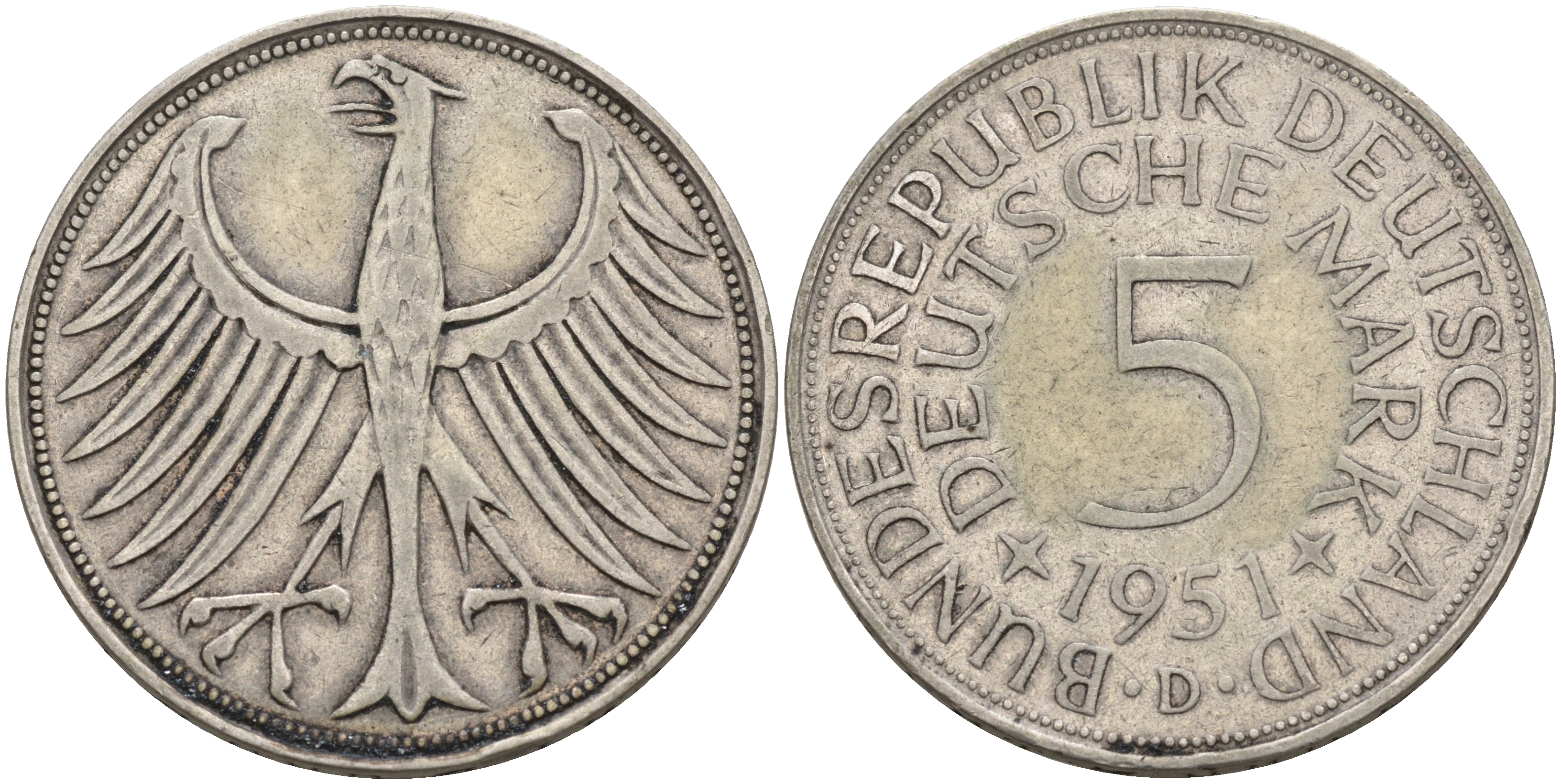 ФРГ 5 марок 1951 D, KM 112.1, J.387 серебро 4565-116
