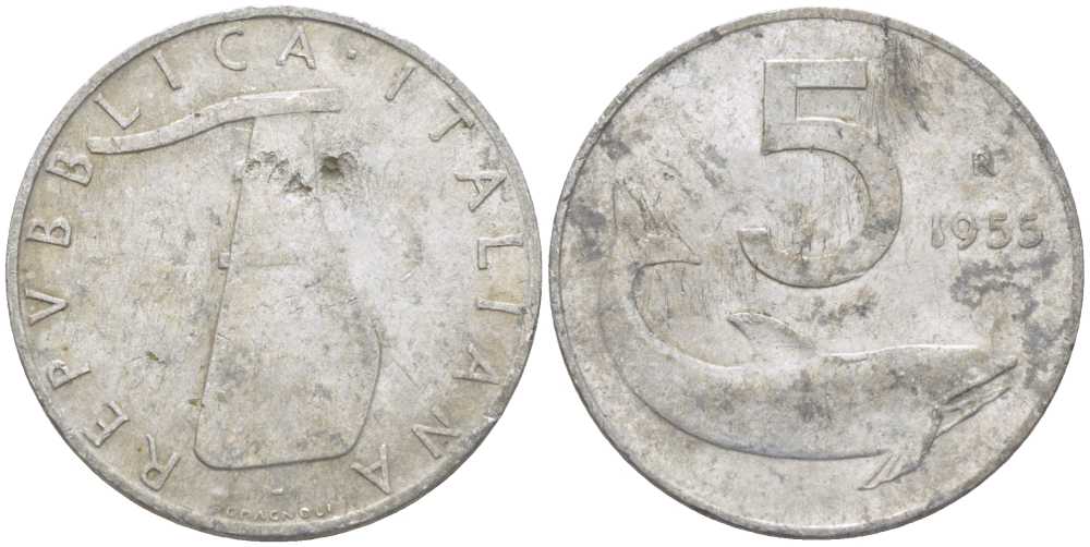 ИТАЛИЯ 5 ЛИР 1955 R, РУЛЬ, ДЕЛЬФИН KM 92 алюминий 175-123