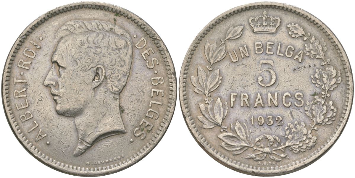 Бельгия 5 франков 1932 Belges, Альберт I (1909-1934) KM 97 никель 4157-1121