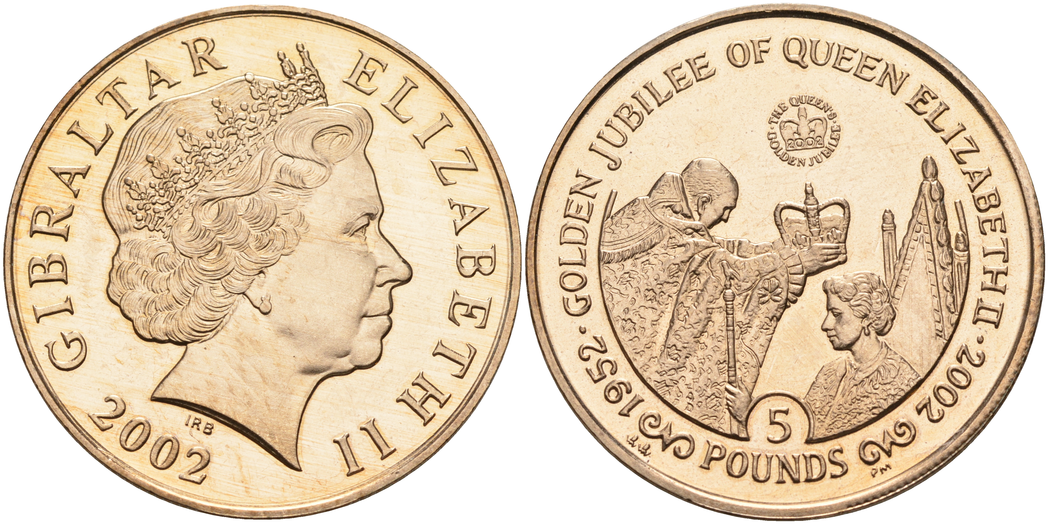 Гибралтар 5 фунтов 2002 50 лет коронации Елизаветы II (1952-2002) KM 1011 никель медь цинк 00-00
