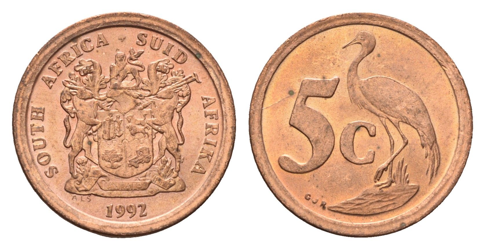 ЮАР 5 центов 1992 герб, райский журавль KM 134 сталь плакированная медью UNC 4687-154