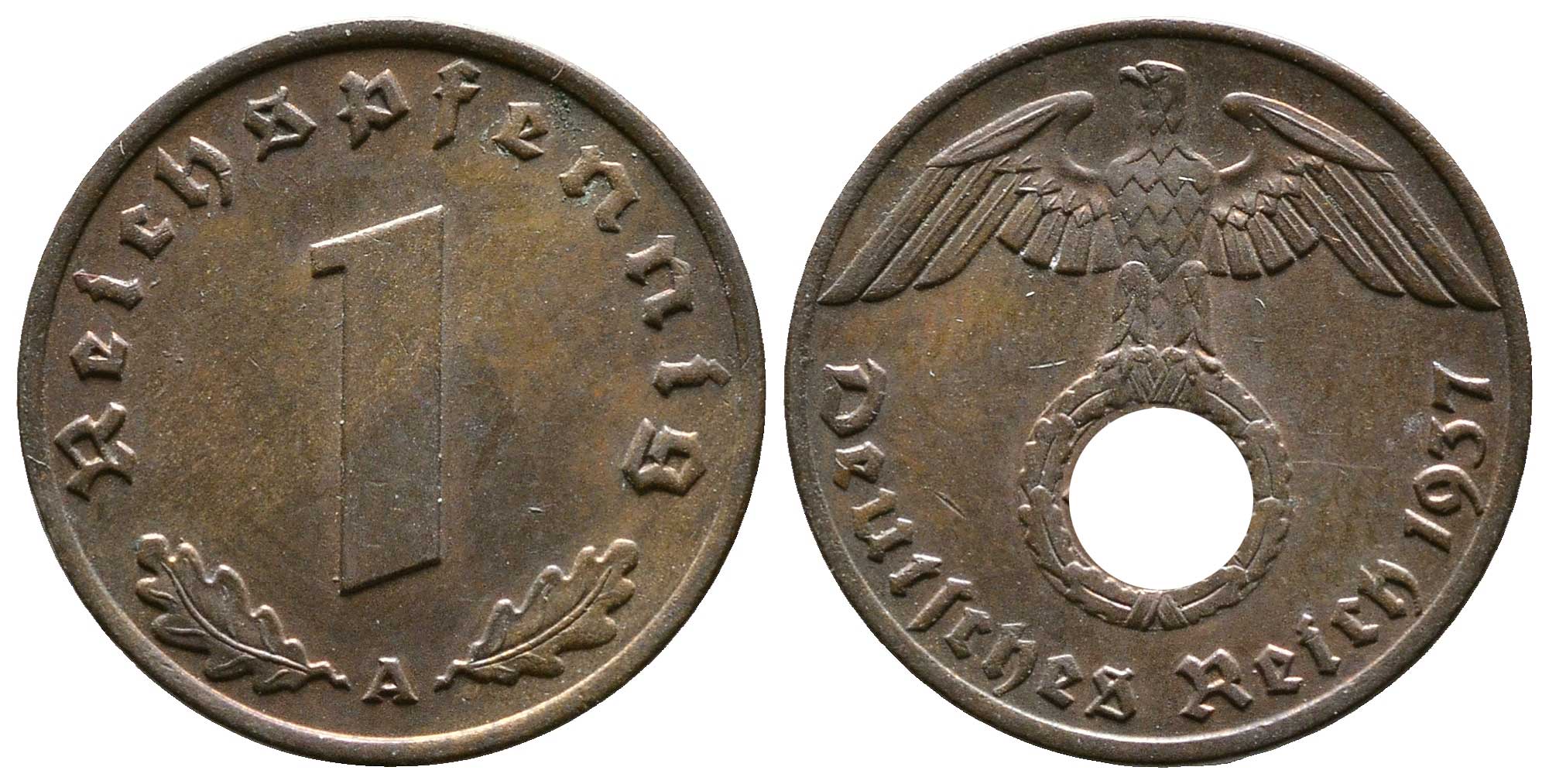 Германия 1 рейхспфенниг 1937 A KM 89, J. 361 бронза    220-226