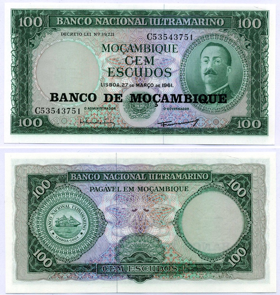 Мозамбик 100 эскудо 1961 (1976) надпечатка на 1961, Айрес де Орнелас  Pick 117 a бумага UNC (пресс) 6299-11-1-2