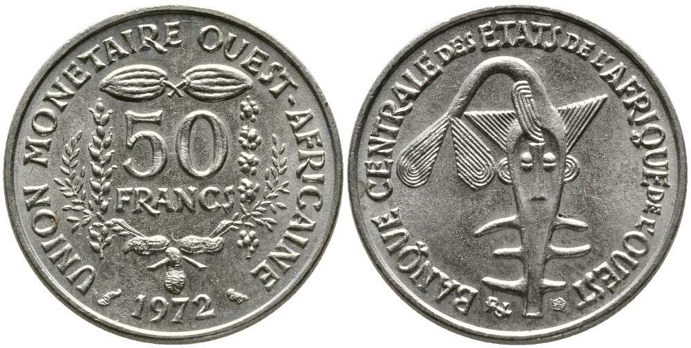 ВАЛЮТНЫЙ СОЮЗ СТРАН ЗАПАДНОЙ АФРИКИ 50 ФРАНКОВ 1972 FAO, ФЕДЕРАЦИЯ KM 6 медно-никель UNC 4538-255