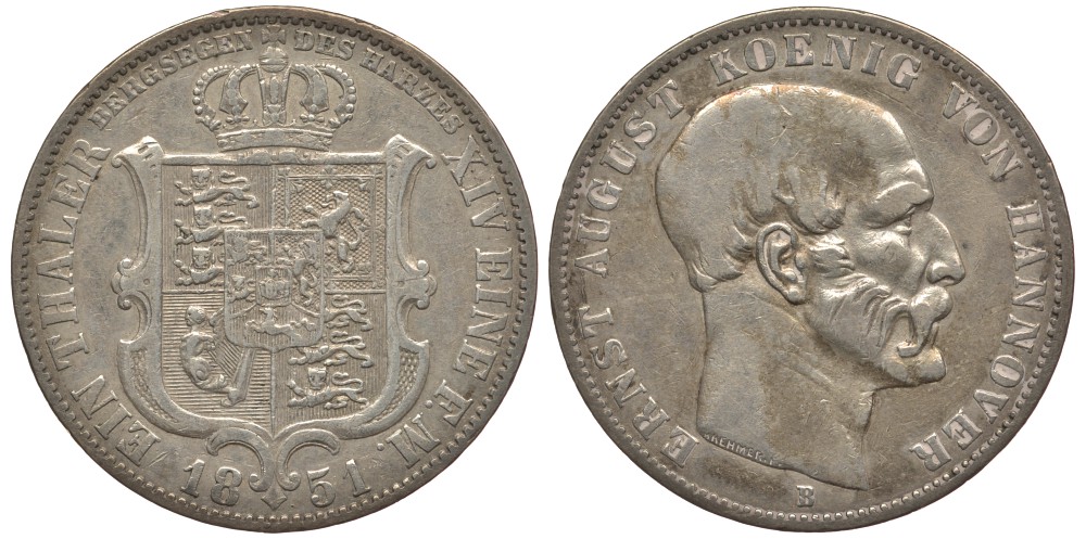 Брауншвейг-Каленберг-Ганновер 1 талер 1851 B, Эрнст Август (1837-1851) КМ 209.2, Jaeger 63, Kahnt 224, AKS 134 серебро 00-807-33