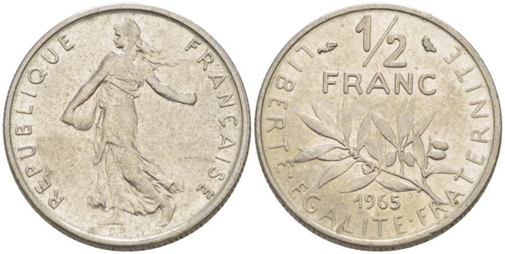 Франция 1/2 франка 1965 сеятель KM 931, Le Franc 198.3 никель 217-1126