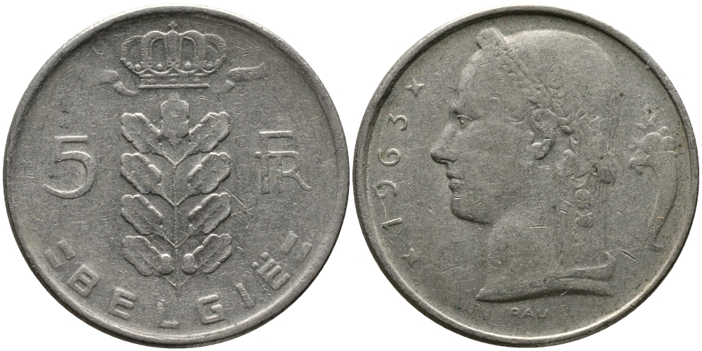 БЕЛЬГИЯ 5 ФРАНКОВ 1963 BELGIE KM 135.1 медно-никель 98-542