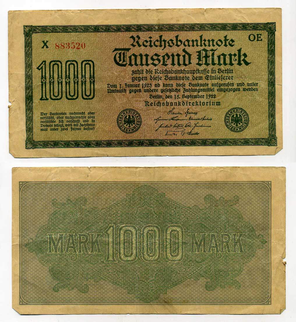 ГЕРМАНИЯ 1000 МАРОК 1922 15 СЕНТЯБРЯ 1922, ВОДЯНОЙ ЗНАК I, ЖЕЛТАЯ БУМАГА, СЕРИЯ OE Pick 76b, Rosenberg 75d бумага 6283-53-2