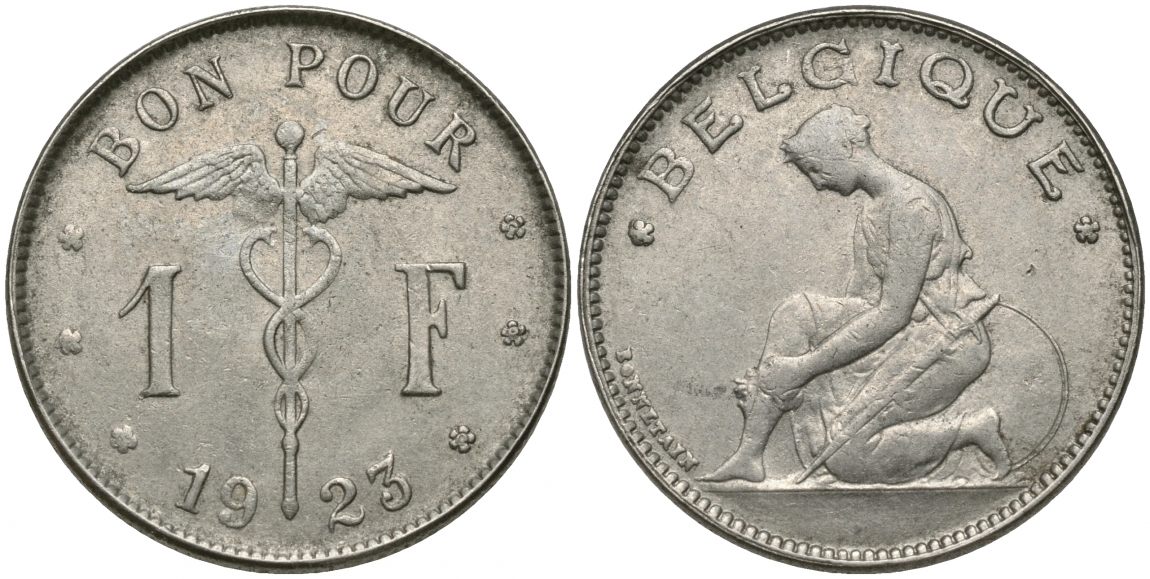Бельгия 1 франк 1923 Belgique, Альберт I (1909-1934) KM 89 никель 51-1955