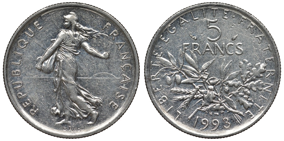 Франция 5 франков 1993 сеятель KM 926a.1, Le Franc 341.27 никель плакированный медно-никелем 4123-523
