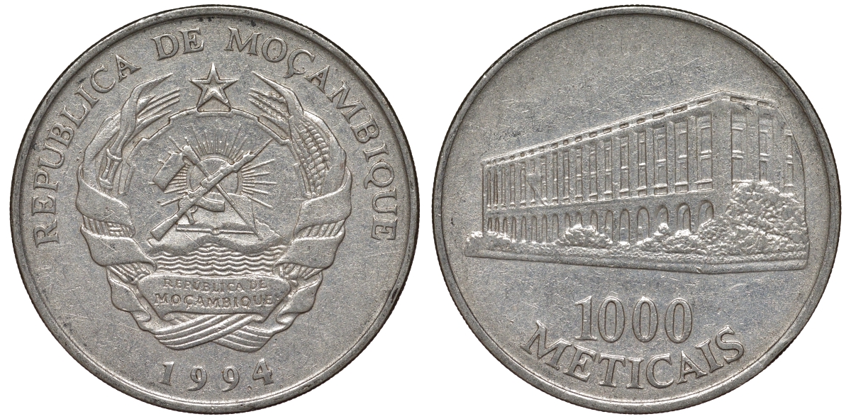 Мозамбик 1000 метикалей 1994 KM 122 никелированная сталь 4162-726