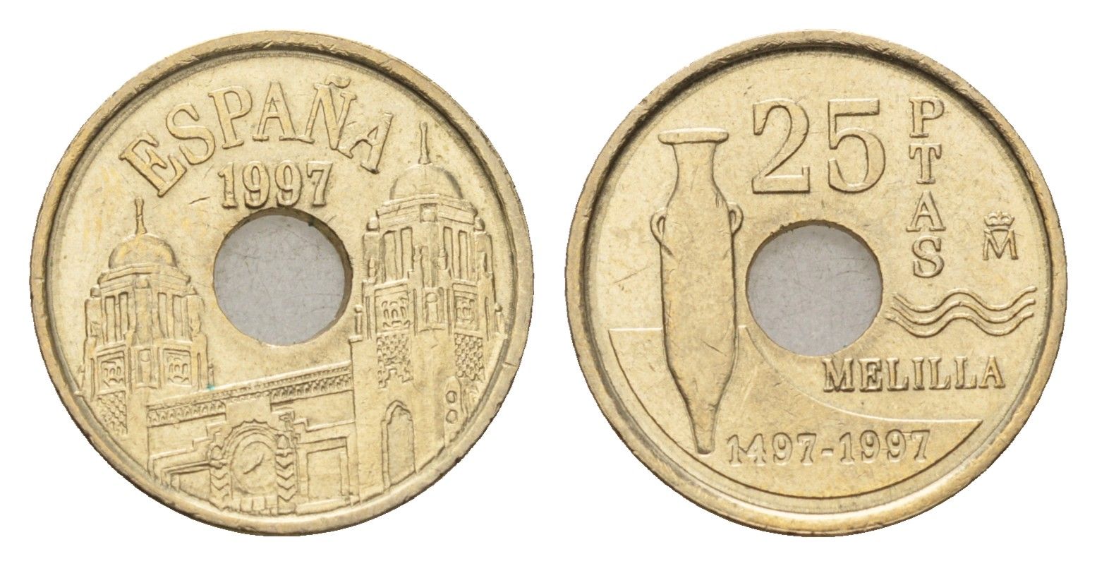 Испания 25 песет 1997 Мелилья (Melilla), Хуан Карлос I (1975-2014) KM 983 алюминиевая бронза 4685-717