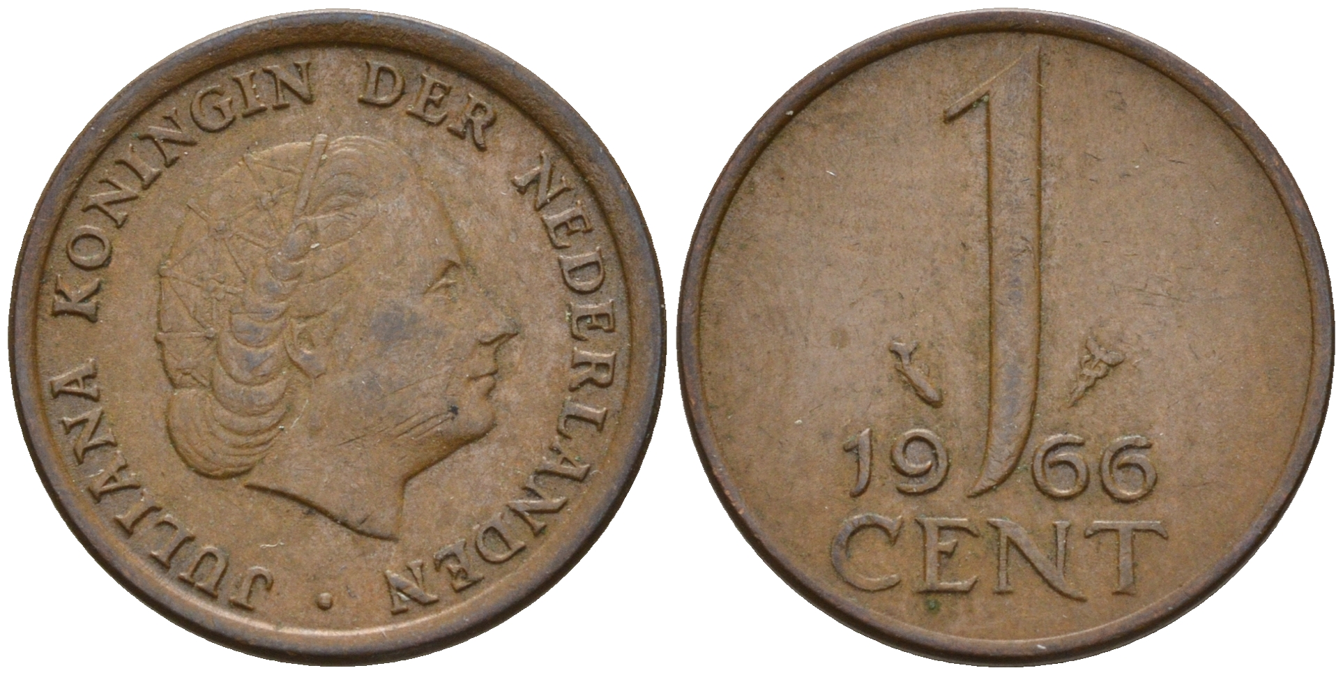 Нидерланды 1 цент 1966 Юлиана (1948-1980), малая дата КМ 180 бронза    4124-311