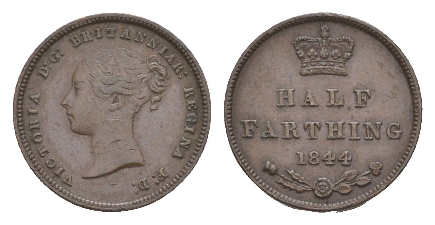 Великобритания 1/2 фартинг 1844 Виктория (1837-1901) KM 738, Spink 3951 бронза 1520-1125