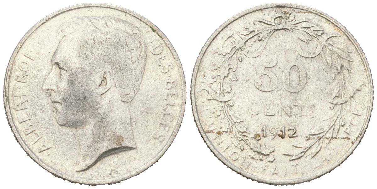 Бельгия 50 сантимов 1912 Альберт I (1909-1934), DES BELGES KM 70 серебро 63-655