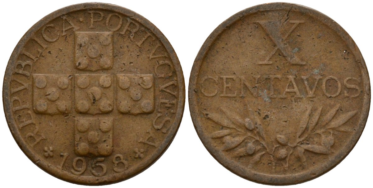 Португалия 10 сентаво 1958 KM 583 бронза 4154-1022
