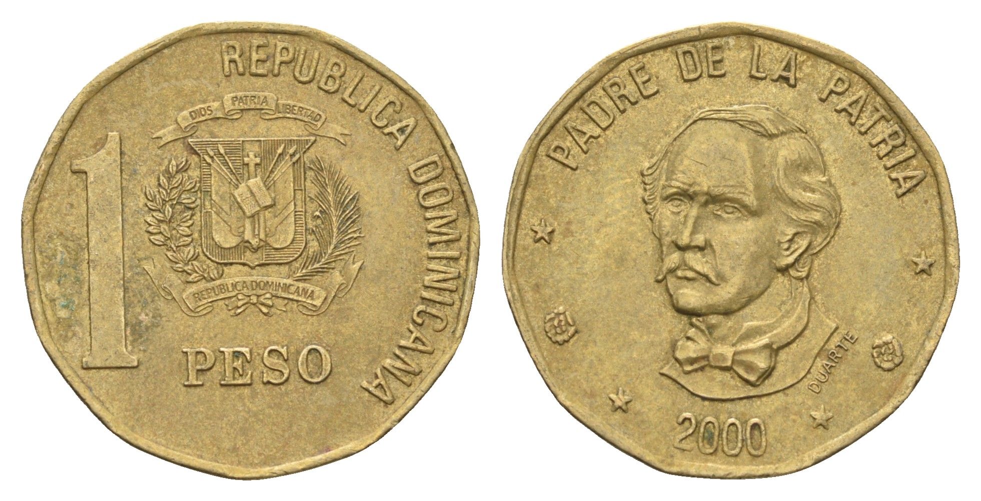 Доминиканская Республика (Доминикана) 1 песо 2000 Хуан Пабло Дуарте KM 80.2 латунь 4663-917