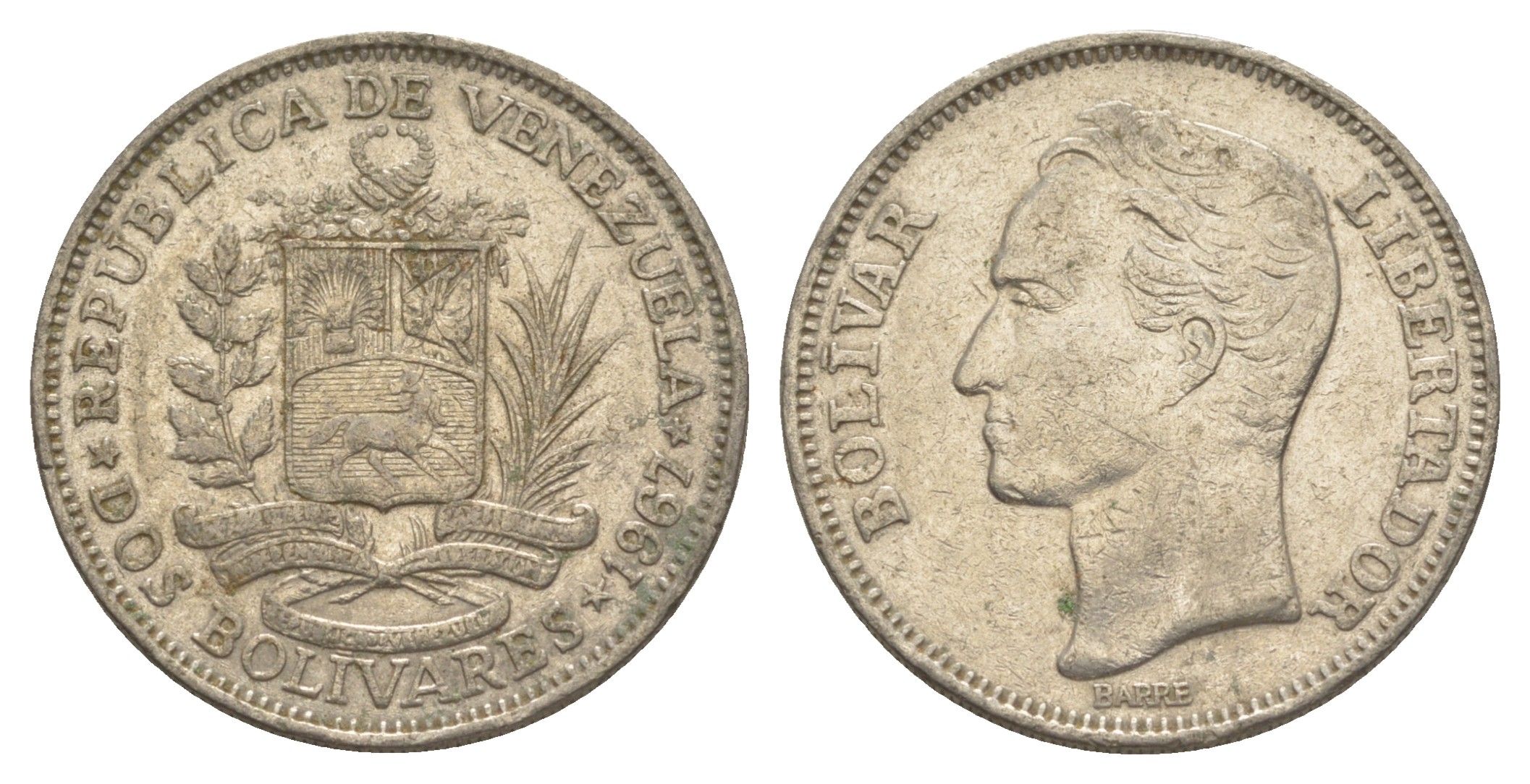 Венесуэла 2 боливара 1967 Симон Боливар Y 43 никель 4599-326