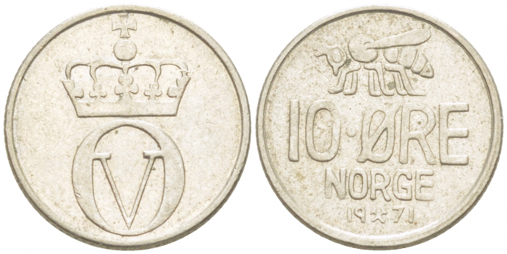 НОРВЕГИЯ 10 ЭРЕ 1971 ПЧЕЛА, ОЛАВ V (1957-1991) КМ 411 медно-никель 3955-228