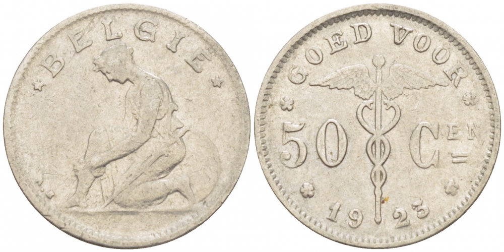 БЕЛЬГИЯ 50 САНТИМОВ 1923 BELGIE KM 88 никель 261-1656