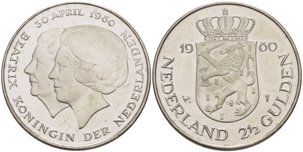 Нидерланды 2 1/2 гульдена 1980 коронация Беатрикс, 30 апреля 1980 KM 201 никель 38-124