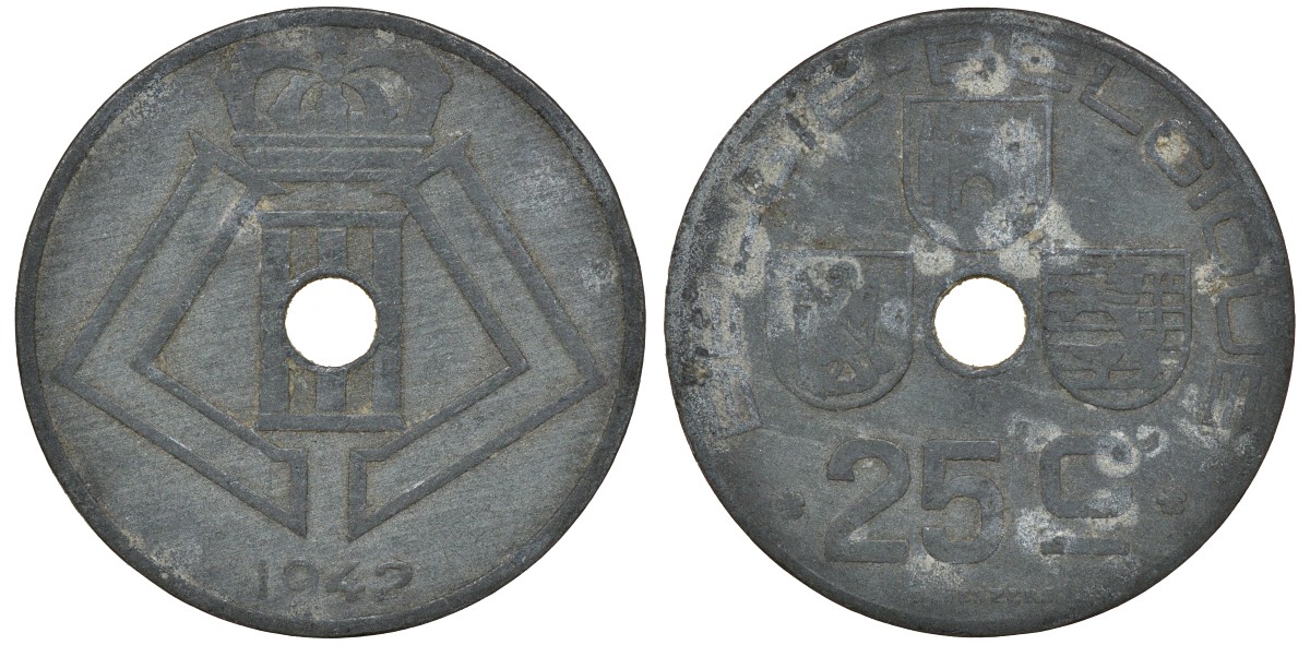 Бельгия 25 сантимов 1942 Belgie-Belgique KM 132 цинк 4163-632