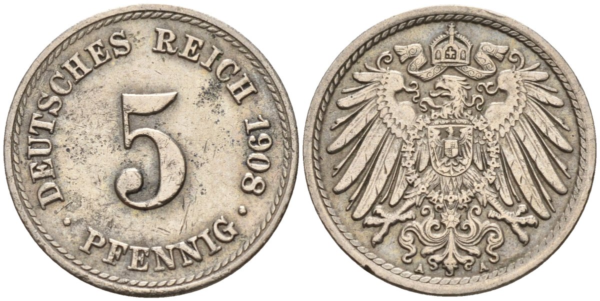 Германия 5 пфеннигов 1908 G KM 11, Jager 12, Weege 6 медно-никель 4151-512