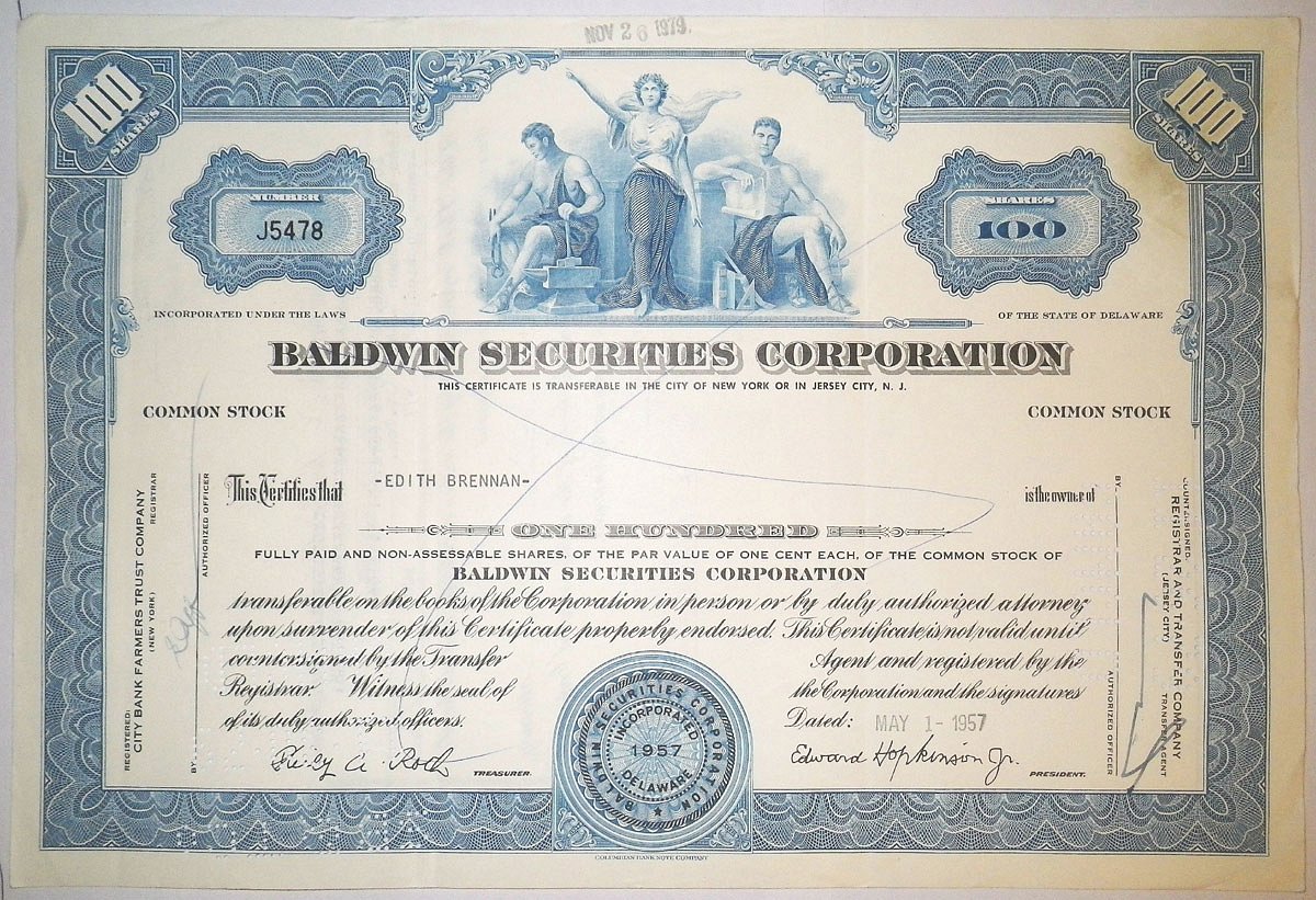 США 100 акций 1957 Baldwin Securities Corporation бумага 8805-51-1