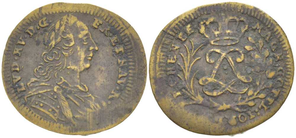 Франция жетон ND Людовик XV (1715-1774), вензель, диаметр 17,5-19 мм.  латунь    206-316