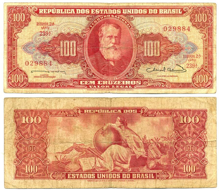 БРАЗИЛИЯ 100 КРУЗЕЙРО 1963 ВЫПУСК 2А, СЕРИЯ 239а Pick 180 бумага 7523-36-2