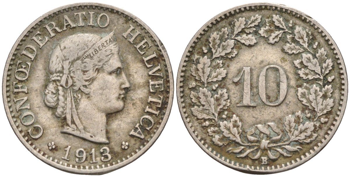 Швейцария 10 раппенов 1913 KM 27 медно-никель 4596-457