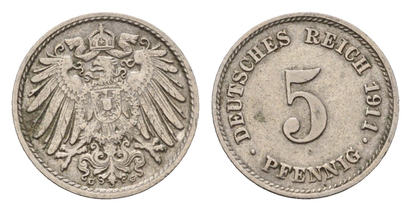 Германия 5 пфеннигов 1911 G, Вильгельм II (1888-1918) KM 11, J. 12 медно-никель 4636-238