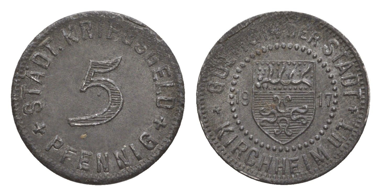 Кирххайм-унтер-Текк 5 пфеннигов 1917 Funck 244.3, Men05 13122.3, Men18 16448.3 железо 4639-126