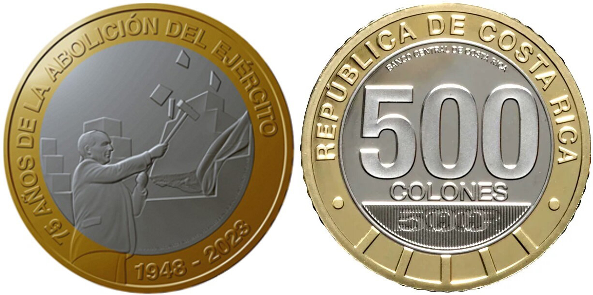 Коста-Рика 500 колонов 2023 75-я годовщина расформирования костариканской армии KM NEW биметалл  UNC  M74-07