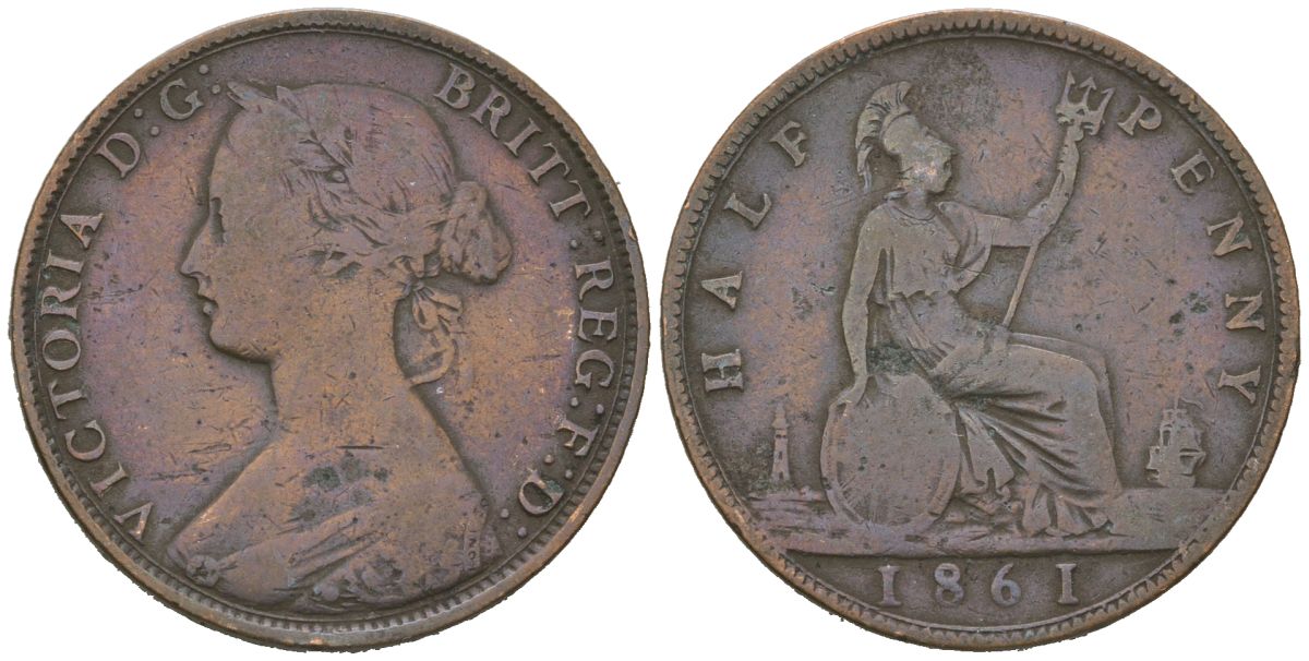 Великобритания 1/2 пенни 1861 Виктория (1837-1901) KM 748.2, Spink 3956 бронза 92-1036