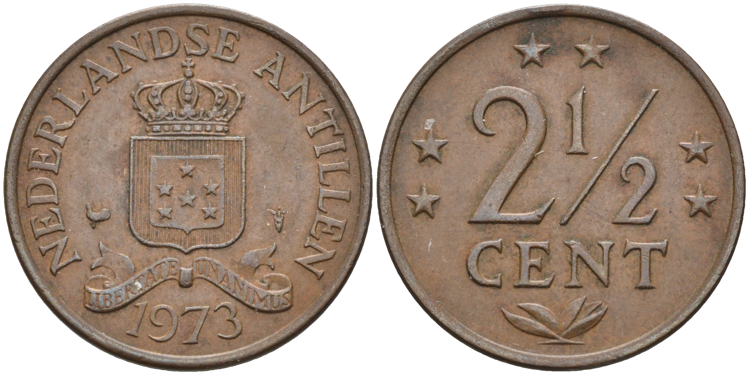 Нидерландские Антилы 2 1/2 цента 1973 Юлиана (1948-1980) KM 9 бронза 4177-341