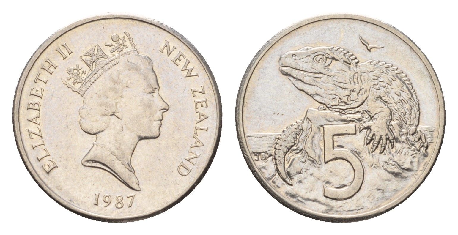 Новая Зеландия 5 центов 1987 Елизавета II (1952-2022), ящерица гаттерия KM 60 медно-никель 4655-265