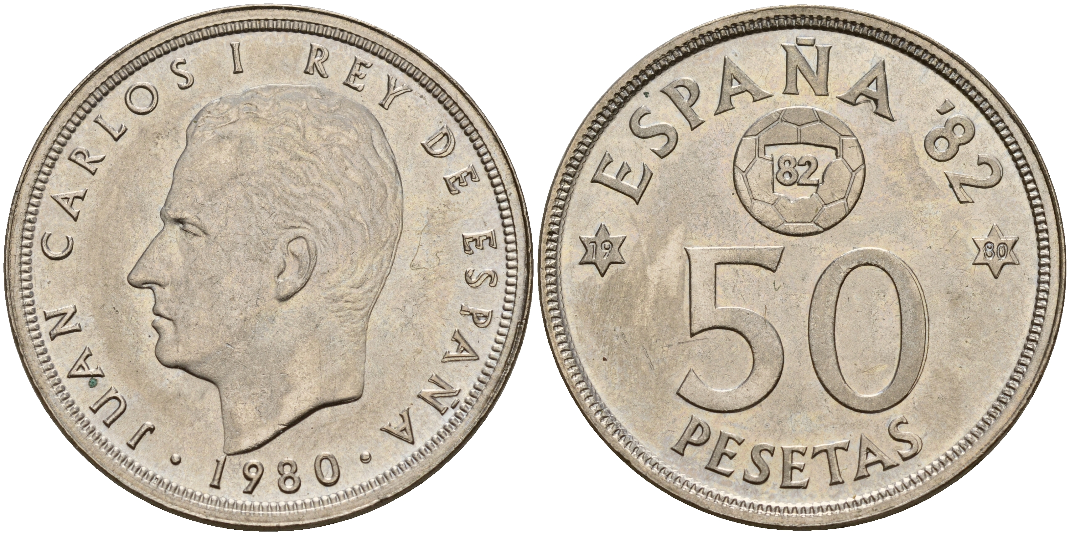 Испания 50 песет 1980 (80) чемпионат мира по футболу в Испании 1982 года, Хуан Карлос I (1975-) KM 819 медно-никель 180-225