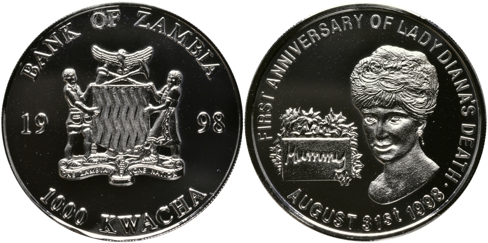 Замбия 1000 квача 1998 годовщина гибели леди Дианы, 31 августа 1998 KM 180 медно-никель PROOF 11-236-25