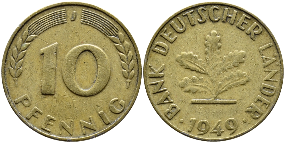ФРГ 10 ПФЕННИГОВ 1949 J KM 103, J.378 сталь плакированная латунью 73-1124
