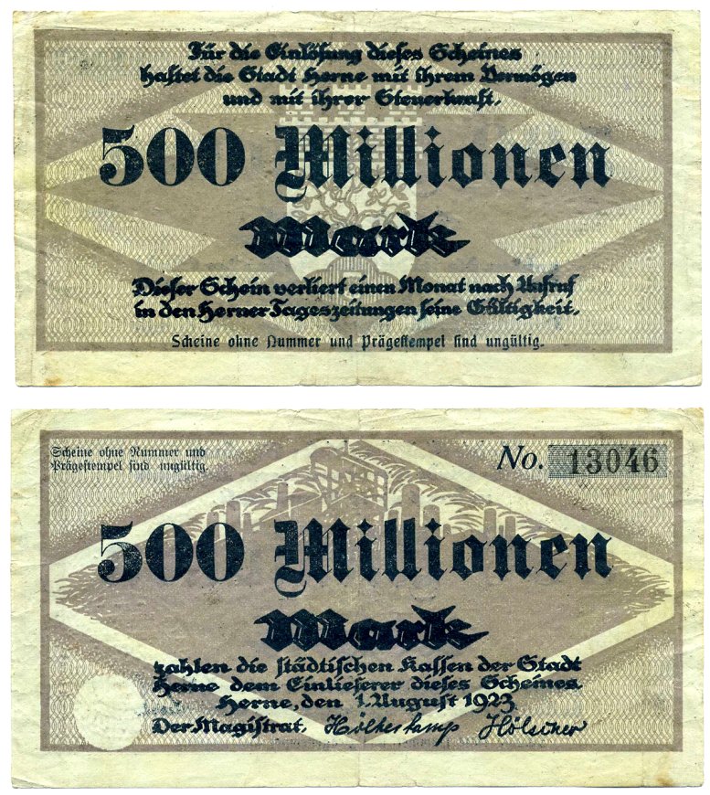 ХЕРНЕ 500000000 марок (500 миллионов) 1923 1 августа 1923, нотгельд, земля Северный Рейн-Вестфалия, ВЫСОТА НОМЕРА 5 мм. Keller 2339d бумага 2193-28-2-2